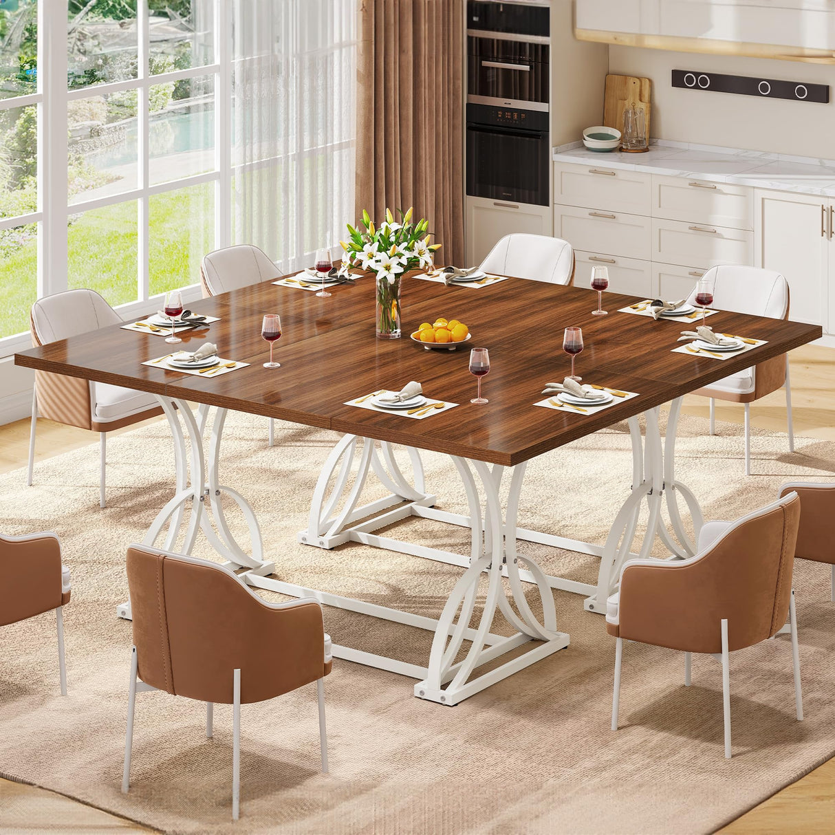 DWVO 70.3" Large Modern Dining Table for 6-8 People, Rectangular Walnut Kitchen Dining Room Table with Thick Tabletop and White Geometric Metal Legs, Farmhouse Wood Dinner Tables DWVO