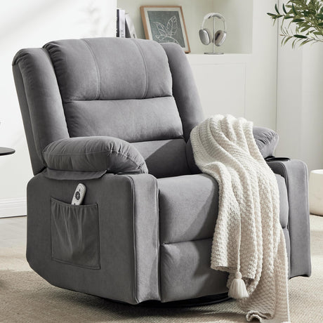 Sftaiyou 360°Swivel Rocker Recliner Chair for Adults,Manual Glider Recliner Sofa with Massage and Heating, Nursery Rocking Chairs with Cup Holds for Living Room Bedroom(Grey) Sftaiyou