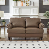 KEIKI Faux Leather Loveseat Sofa, 59.5"W Mid Century Modern Couch with Storage, Comfy 2 Seaters with Nailhead Trim & Rolled Armrests, Deep Seat Small Sleeper for Living Room, Apartment, Office, Brown KEIKI