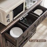 OKD 72" Farmhosue Bar Cabinet with Sliding Barn Door, Large Kitchen Buffet with Hutch w/Wine & Glasses Rack, 3 Drawers, 12 Storage Shelves, Rustic Coffee Bar Sideboard Table, Dark Rustic Oak OKD