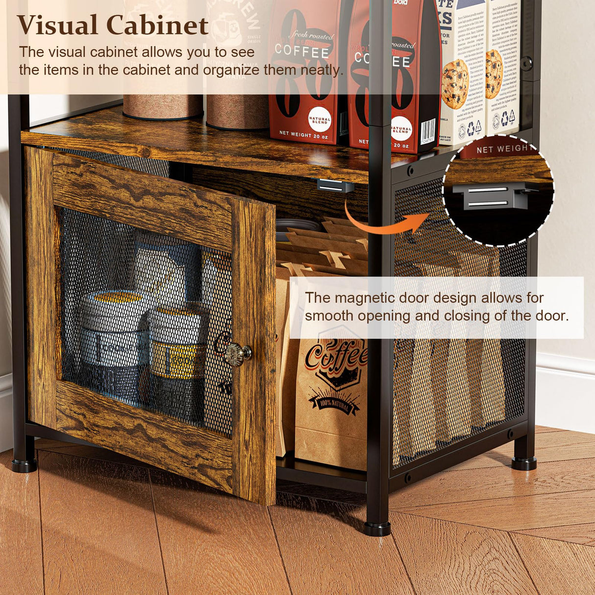 5-Tier Coffee Bar Cabinet with Visual Door, Small Kitchen Microwave Stand with 5 S-Shaped Hooks, 57.87”H Tall Bakers Rack with Storage Cabinet, Small Coffee Bar for Kitchen Living Room- Rustic Brown Hayexiha