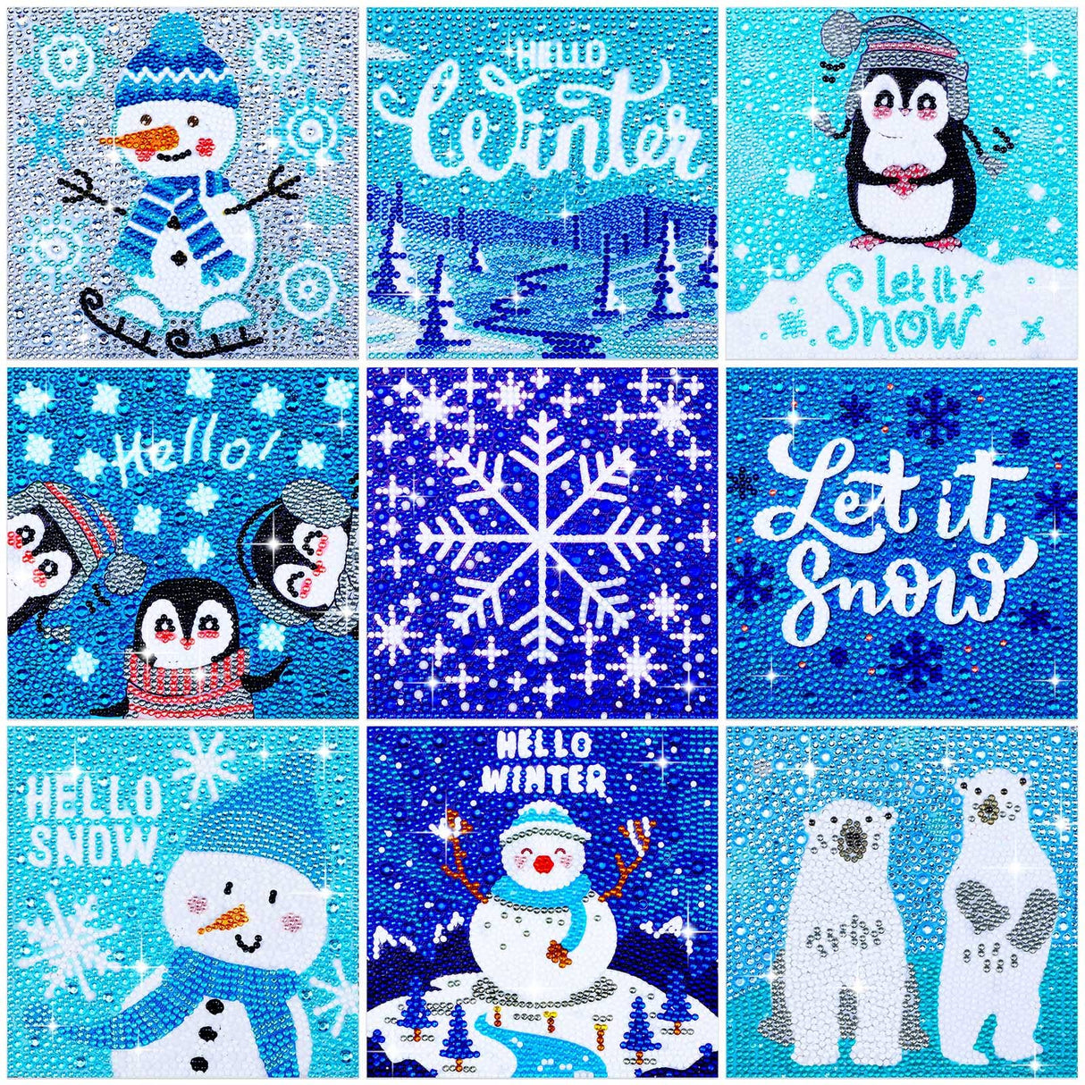 Charniol 9 Pcs Winter 5D Diamond Painting Kits 5D Drill Round Crystal Rhinestone Handmade Creative Art Crafts Snowman Snowflake for Home Wall Decor and Adults Kids DIY (Snowman, Snowflake) Charniol