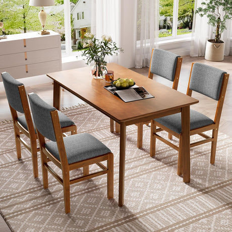 Merax 5 Piece Rectangle Wooden Dining Table Set, Mid Century Modern Tables and 4 Upholstered Wood Chairs for Kitchen, Home, Saving Space, Brown+Gray Merax