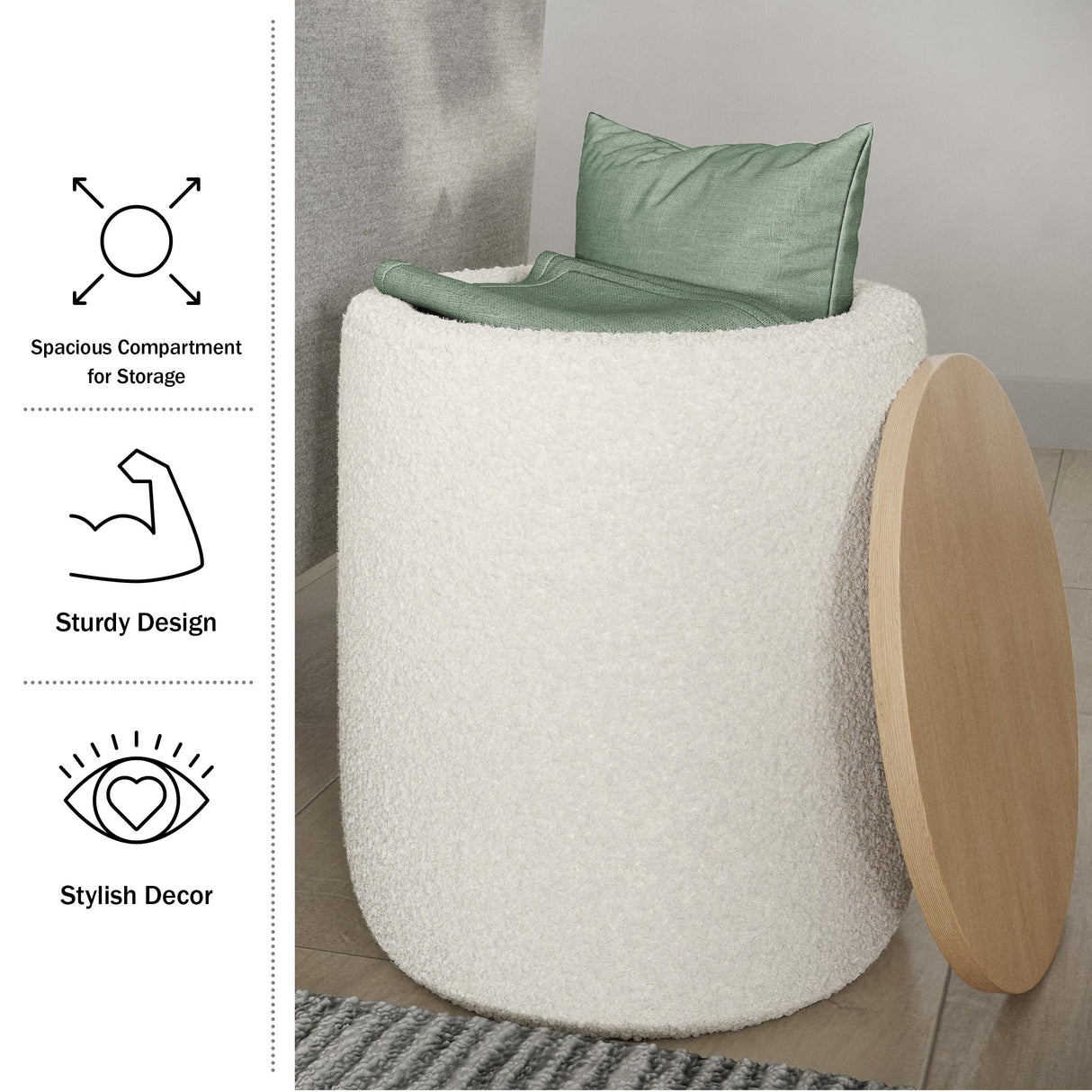 Lavish Home Storage Ottoman - Teddy Fabric Upholstered Ottoman with Wood Top for Living Room, Dorm, or Apartment - Ottomans with Storage (Cream) Lavish Home