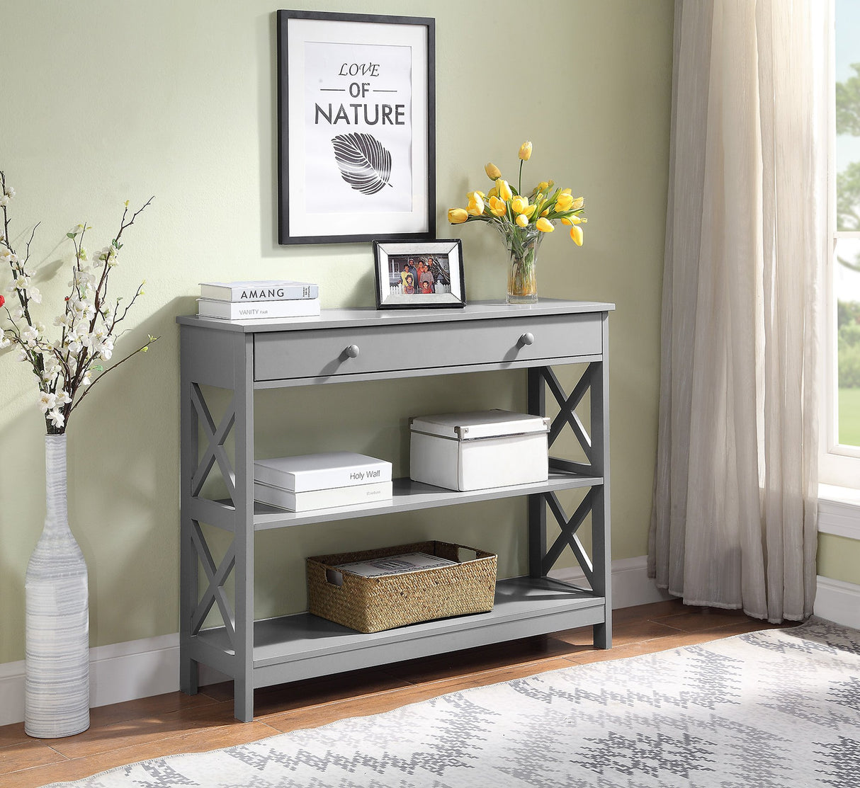 Convenience Concepts Oxford 1-Drawer Console Table 39.5" - Sofa Table with Storage Shelf, Transitional Entryway Hall Table for Living Room, Kitchen, Bedroom, Gray Convenience Concepts