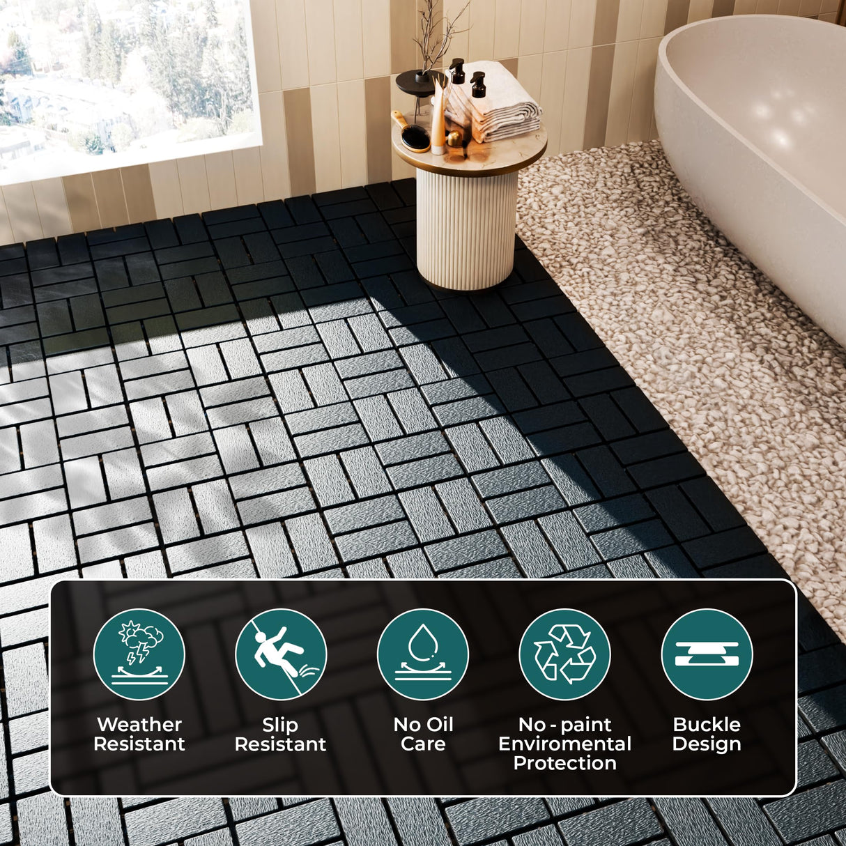 IDZO Plastic Interlocking Deck Tiles - 9PCS Waterproof Outdoor Flooring, All Weather Use Patio Tiles, Decking Checker Pattern, 12 x 12 x 0.7 Inches, Dark Grey IDZO