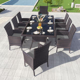 Kullavik 10-Piece Outdoor Dining Set Patio Rattan Furniture Set,Square Glass Tabletop with Umbrella Hole for Patio,Grey Kullavik
