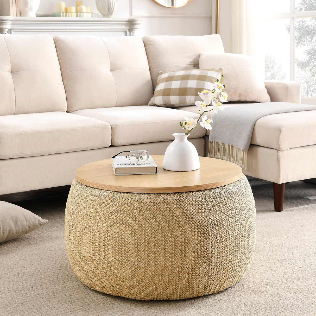 YICORPS Modern Round Storage Ottoman with Wooden Top,Handmade Luxury Pleated Circle Fabric Storage Ottoman Coffee Table,End Table & Footstool for Living Room（Natural） YICORPS