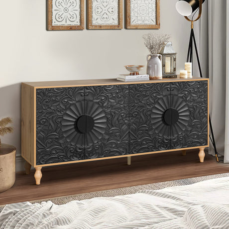 Black Carved Symmetrical Design Door And Wood Coloured Frame TV Stand HouseOfZazla