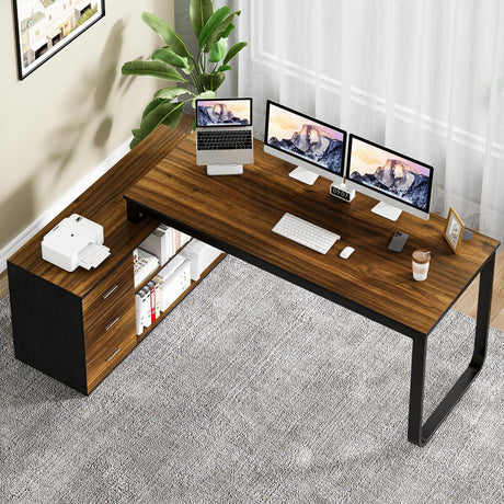 HOMBCK Home Office Computer Desk with 3 Drawers and Shelves, 55 Inch L Shaped Desk with Adjustable Shelves, Craft Table with Storage, Reversible L Shaped Desk, Modern Office Desk, Black Walnut HOMBCK