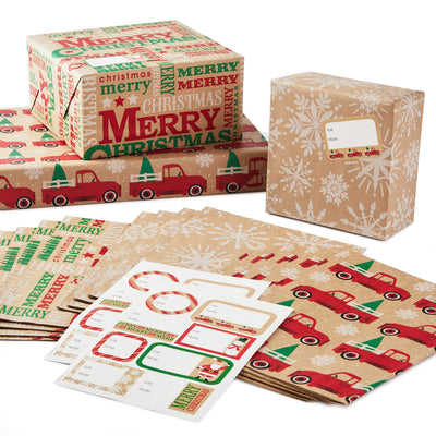 Hallmark Christmas Flat Wrapping Paper Sheets - Recyclable Kraft Gift Wrap Paper (12 Folded Sheets with Sticker Seals) Rustic Red Trucks, White Snowflakes, Merry Christmas Lettering