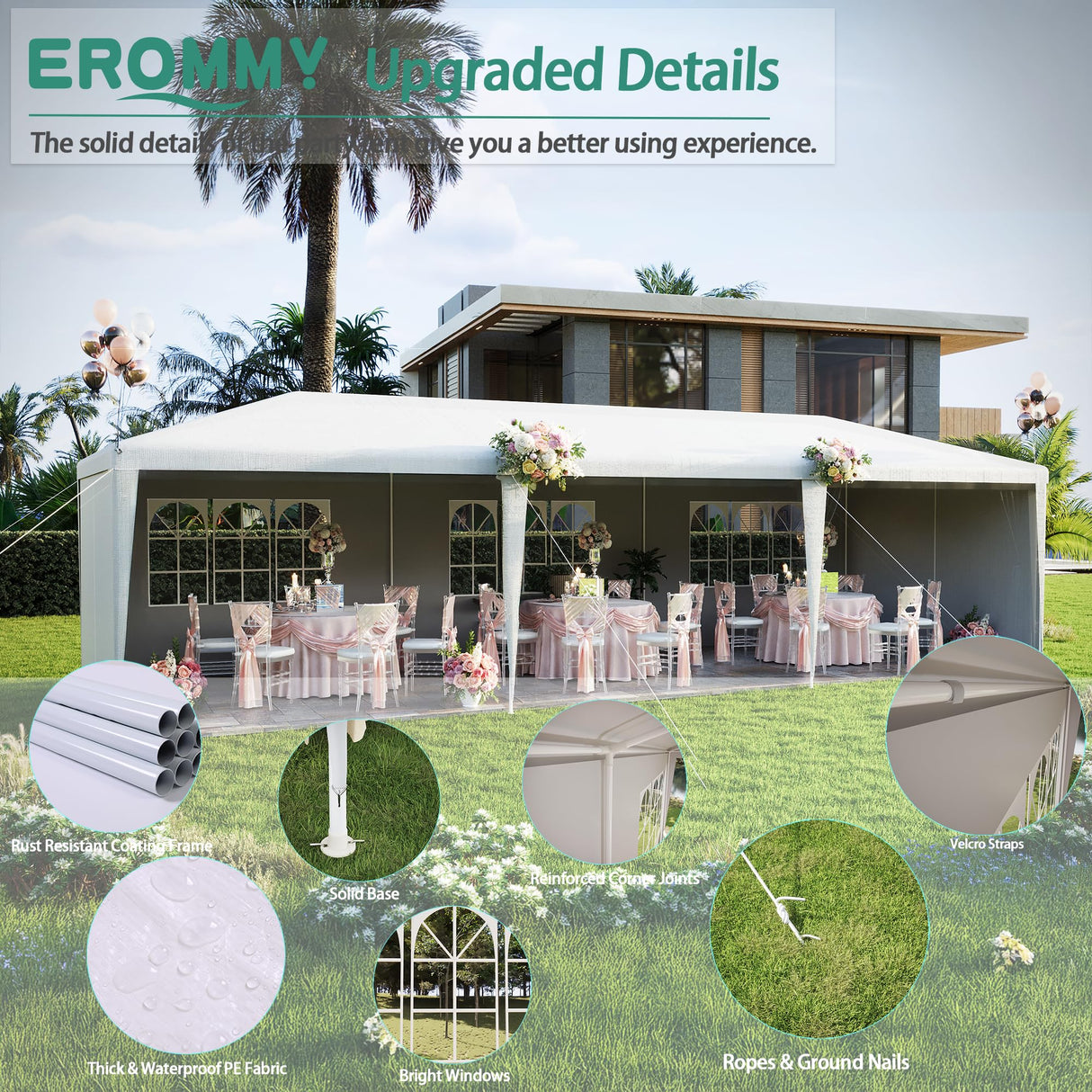 EROMMY 10x30 FT Outdoor Party Tent, White Canopy with 6 Removable Sidewalls and 2 Zippered Doors, Waterproof Event Shelter for Wedding, Birthday, BBQ, Holiday Gatherings EROMMY