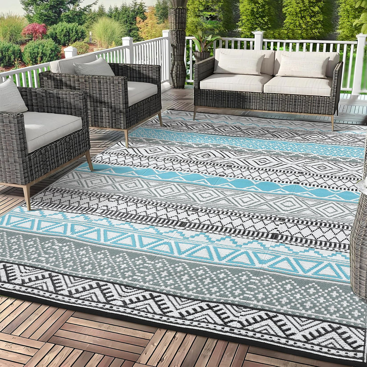 GAOMON Outdoor Rug 9'x12' Waterproof Rug for Patio Decor, Foldable Reversible Plastic Straw Area Rugs Mat for Camper, Outside Carpet for Deck, Porch, Picnic, Beach, Blue/Grey(Bohemia) GAOMON