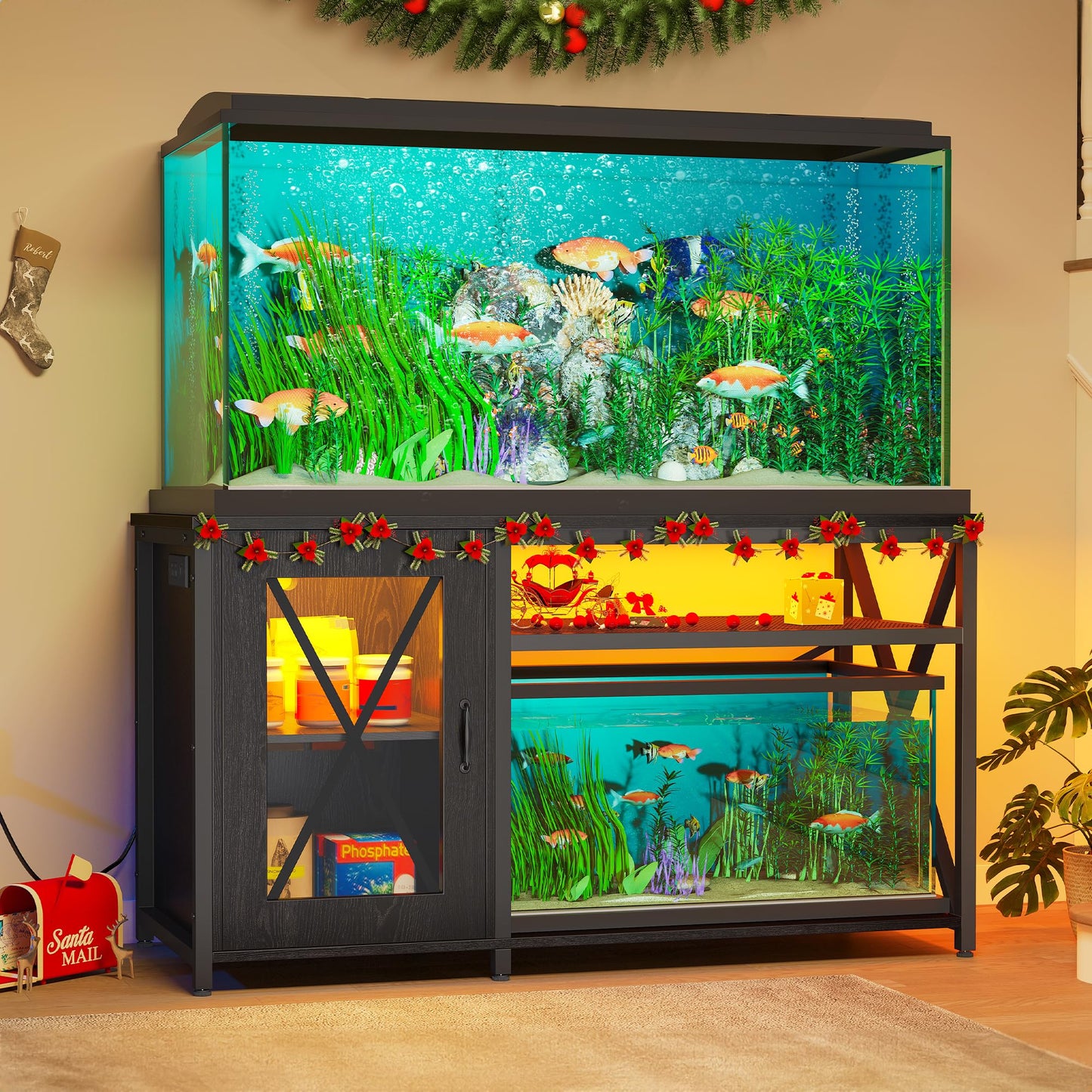 DWVO 55-75 Gallon Aquarium Stand with Power Outlets & LED Light, Cabinet for Fish Tank Accessories Storage - Metal Fish Tank Stand Suitable for Turtle Tank, Reptile Terrarium, 860LBS Capacity - WoodArtSupply