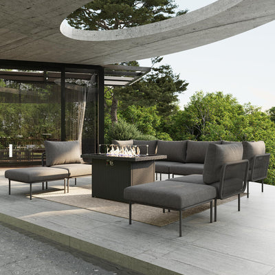 Vakollia 9 Piece Modern Outdoor Rope Wicker Sectional Patio L-Shaped Conversation Sofa Set Deep Seating with Fire Pit Table