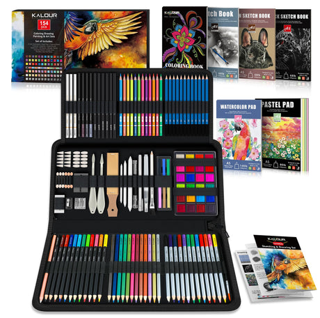 KALOUR 154PCS Artists Art Supplies - Drawing Kit with 6 Sketchbook,Tutorial,Coloring Paper - Graphite,Colored, Charcoal, Watercolor & Metallic Pencils - for Artists and Beginners KALOUR