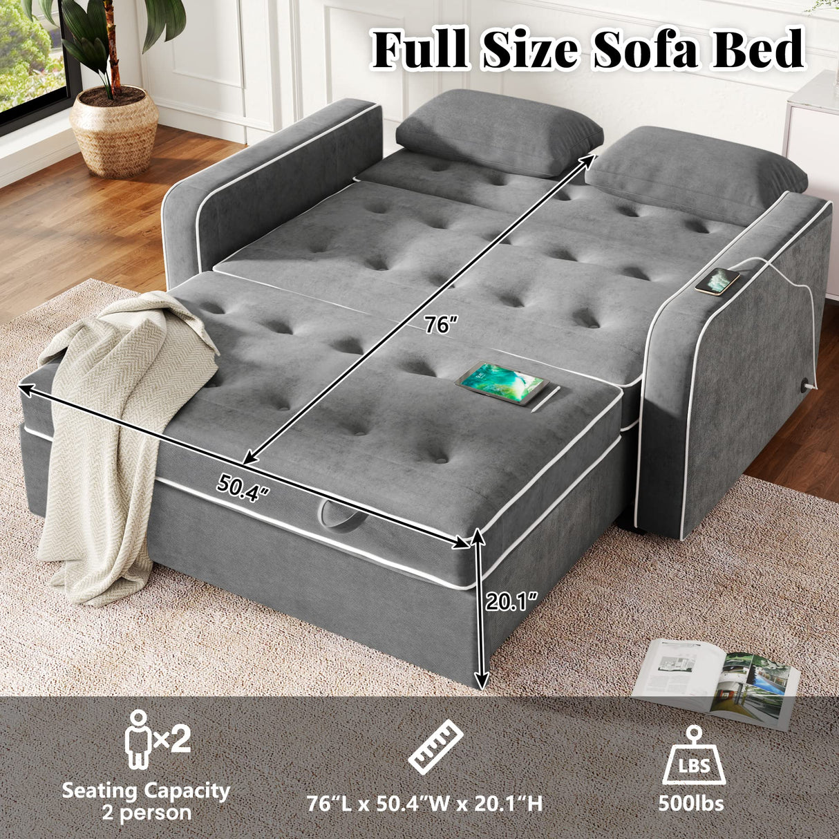 Merax Convertible Pull Out Sofa Bed, 65.7" Upholstered Sleeper Sofa with Dual USB Charging Port, Adjustable Backrest and 2 Pillows, Button Tufted Loveseat Couch for Living Room Bedroom, Charcoal Grey Merax