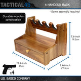 Tactical45 Pistol Rack for Gun Safe Shelf - 4 Slot Wooden Handgun Rack with Divided Ammo Drawer - Revolver and Firearm Accessories Organizer - Bedside Gun Holder for Nightstand or Desktop Tactical45
