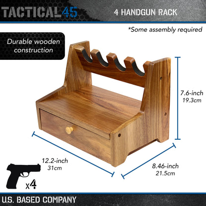 Tactical45 Pistol Rack for Gun Safe Shelf - 4 Slot Wooden Handgun Rack with Divided Ammo Drawer - Revolver and Firearm Accessories Organizer - Bedside Gun Holder for Nightstand or Desktop - WoodArtSupply