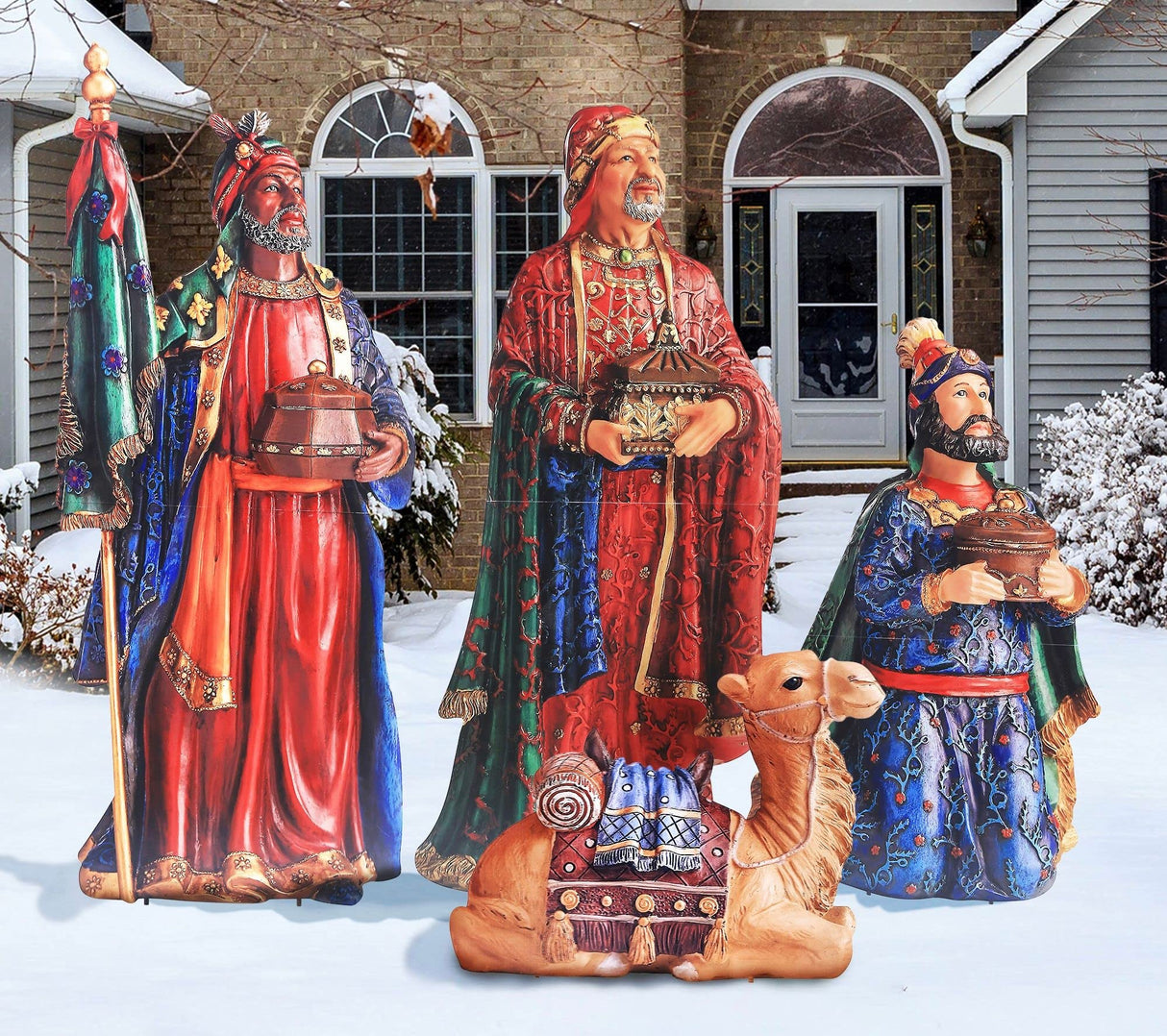 Three Wise Men with Sitting Camel - Christmas Outdoor Nativity Set, Sturdy 22 Gauge Flat Coated Metal, Colorful High Res Printing, Tall 51" THREE KINGS GIFTS THE ORIGINAL GIFTS OF CHRISTMAS