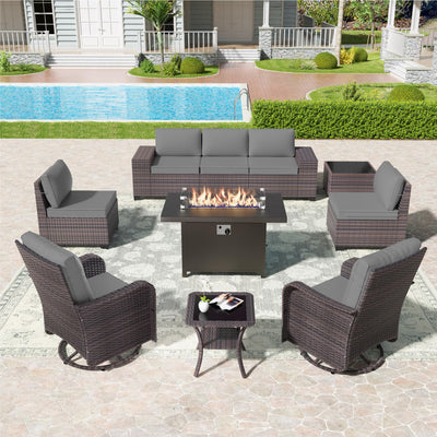 Kullavik 10 Pieces Outdoor Patio Furniture Set with 55000BTU Gas Propane Fire Pit Table,PE Wicker Rattan Sectional Sofa Patio Conversation Sets,Swivel Rocking Chairs Set,Grey