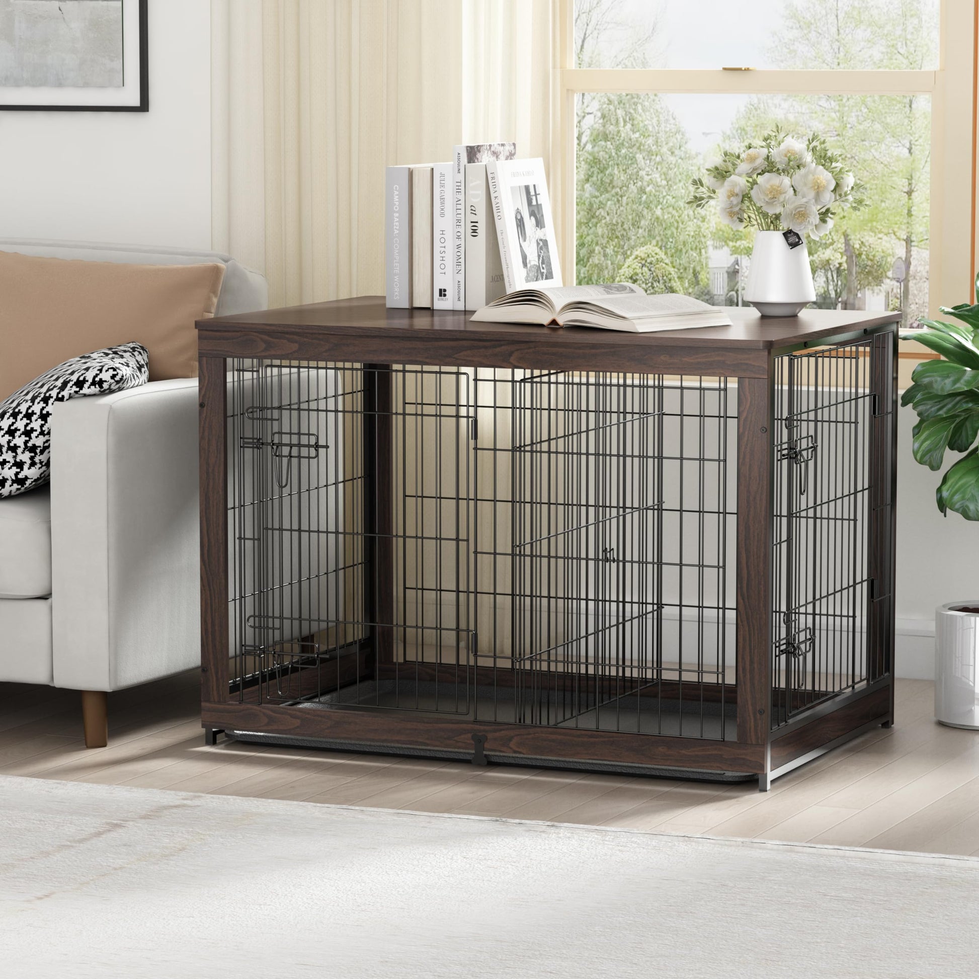 Piskyet Wooden Dog Crate Furniture with Divider Panel, Dog Crate End Table with Fixable Slide Tray, Double Doors Dog Kennel Indoor for Dogs(XL:43.2" L * 28.6" W * 30.3" H,Brown Walnut) - WoodArtSupply