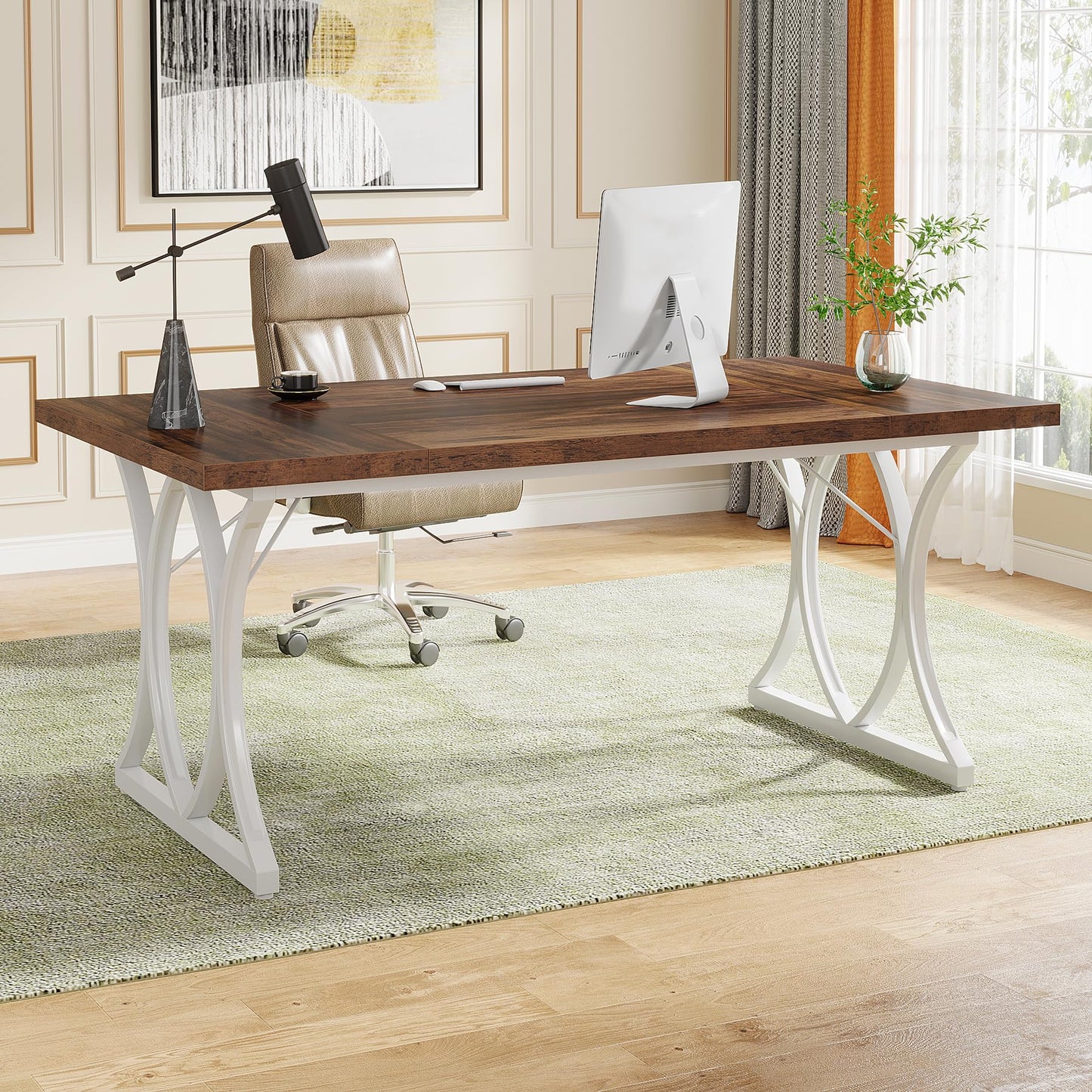 LITTLE TREE 63 “ Dx31“W x 30“ H Executive Desk, Farmhouse Large Computer Home Office Desk, Small Conference Room Table for 4-6 Person - WoodArtSupply