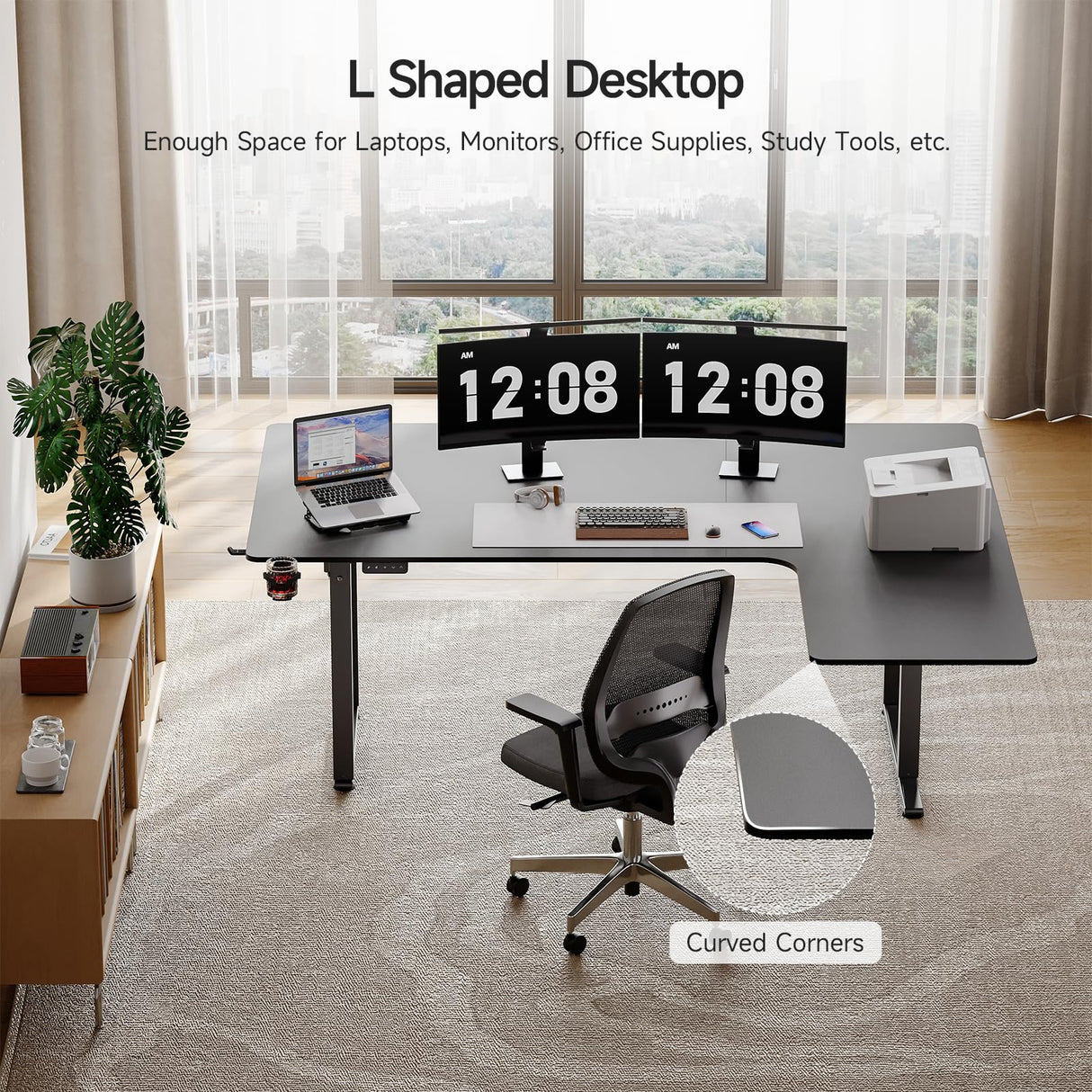 ONBRILL Standing Desk, 63x43 Inches L Shaped Desk with 4 Legs, Dual Motor and Memory Controller, Electric Stand Up Desk Adjustable Height from 28-46 Inches for Computer Workstation Black ONBRILL