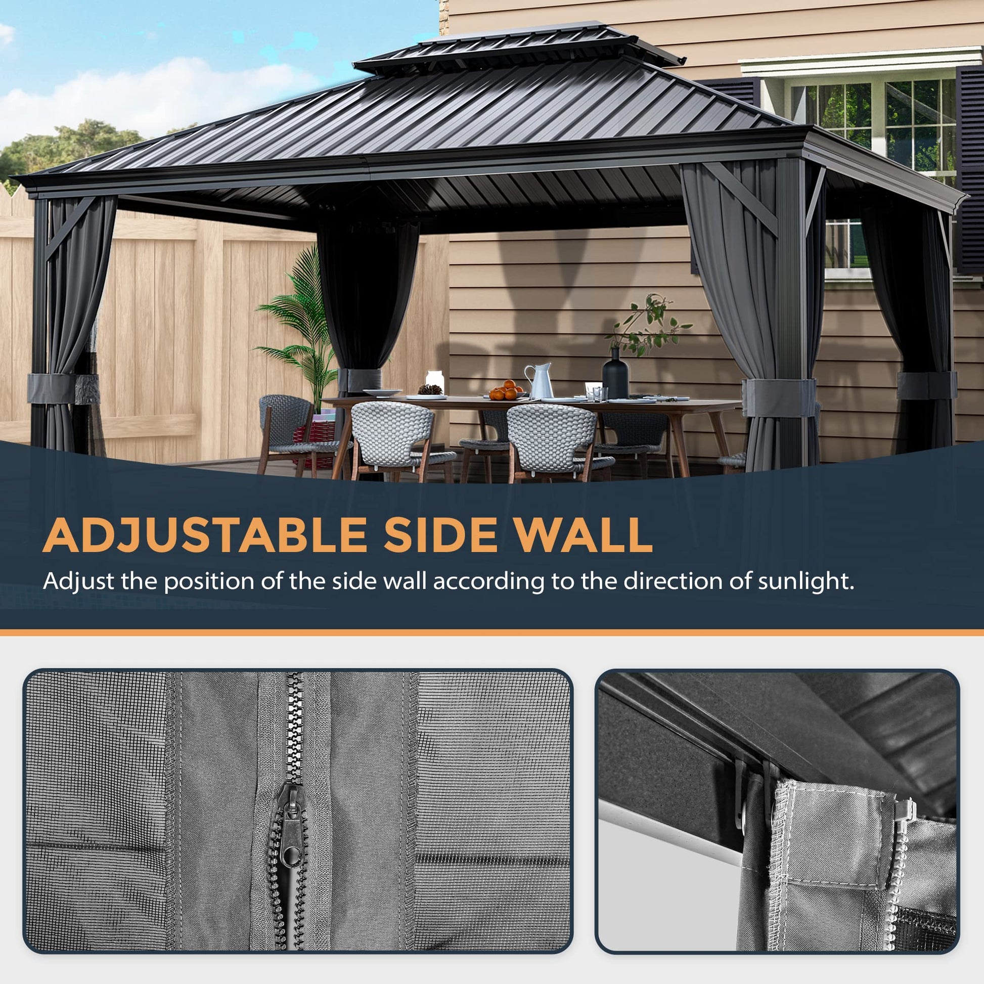 HAPPATIO 12' x 16' Hardtop Gazebo, Outdoor Aluminum Gazebo with Galvanized Steel, Double Roof Permanent Patio Metal Gazebo Canopy with Netting and Curtains for Garden, Patio, Lawns, Parties ( - WoodArtSupply