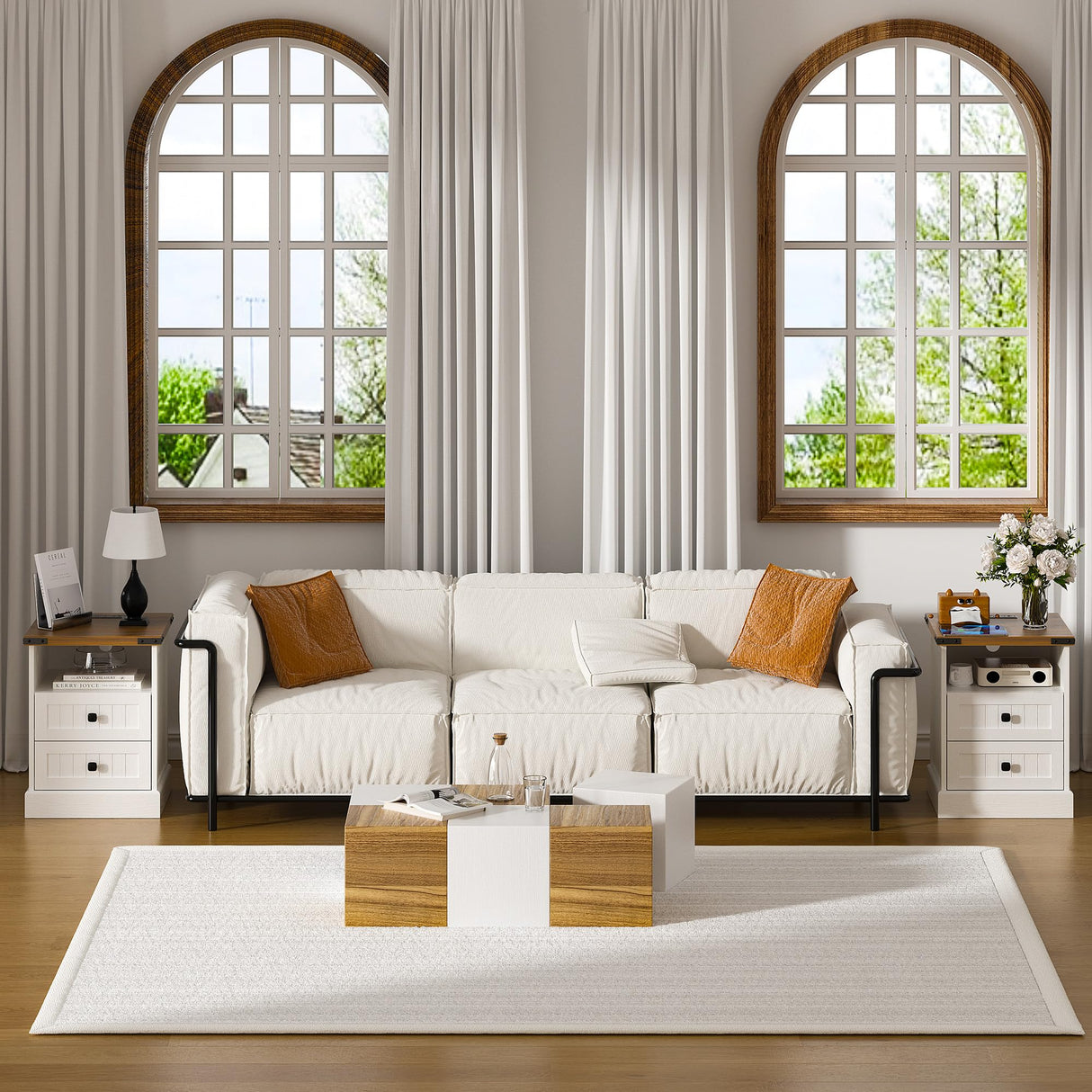 AntsandAnts White Farmhouse Nightstand Set of 2,Wood End Tables Bedroom with Charging Station,Metal Corner Night Stand with 2 Drawers for Living Room,Bedside Table Furniture AntsandAnts