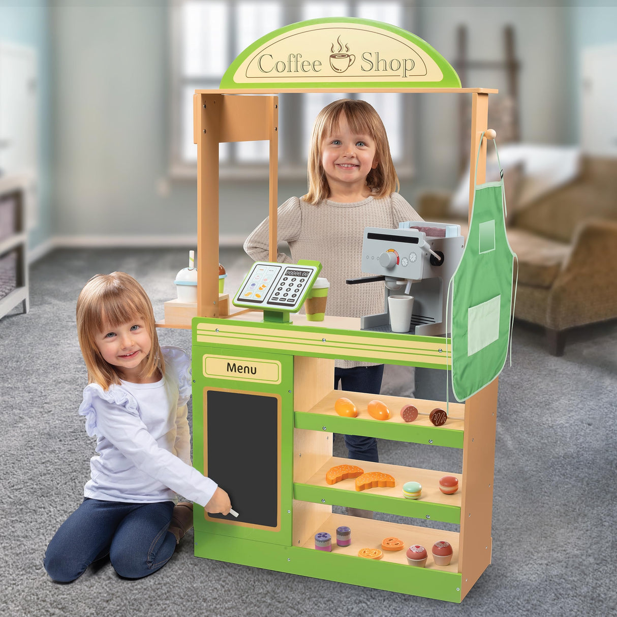 Pretend Coffee Shop Wooden Playset - Drive Thru Window Fun - Includes Frappuccino w Straws, Espresso Maker, Bread, Pastries, Rotating Cash Register, Coffee Cups, Apron- Over 25 Super Cute Play Pieces! Svan