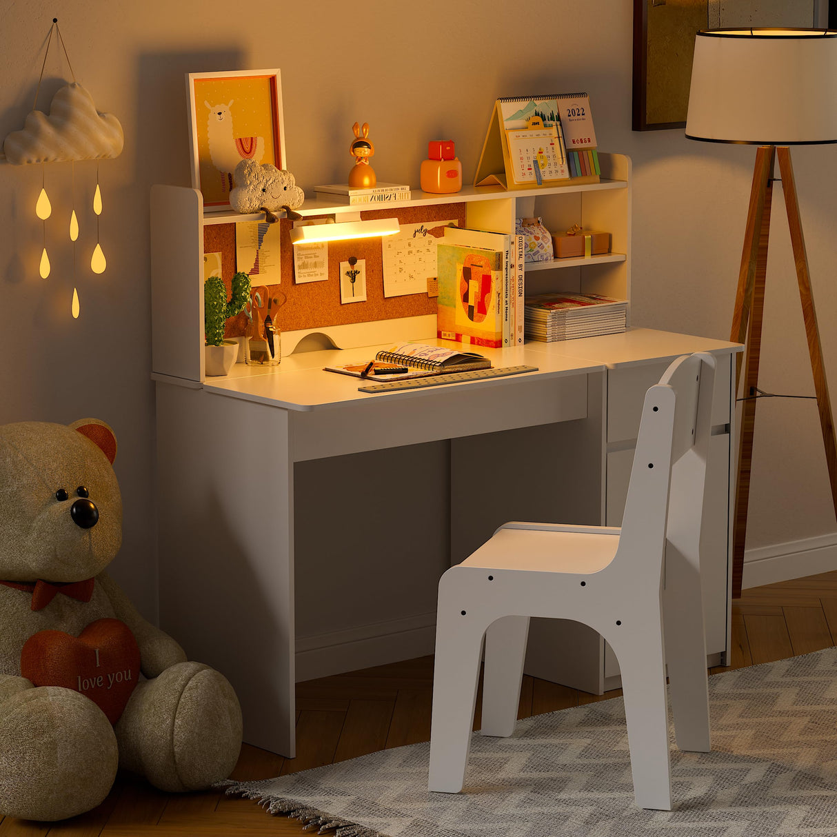 PAKASEPT Kids Desk and Chair Set,Kids Study Desk with 3-Color Lights(Not Rechargeable),Tiltable Desktop,Multi Functional Table for Kids 5-12,Student Writing Desk with Hutch,Storage Cabinet for Bedroom PAKASEPT