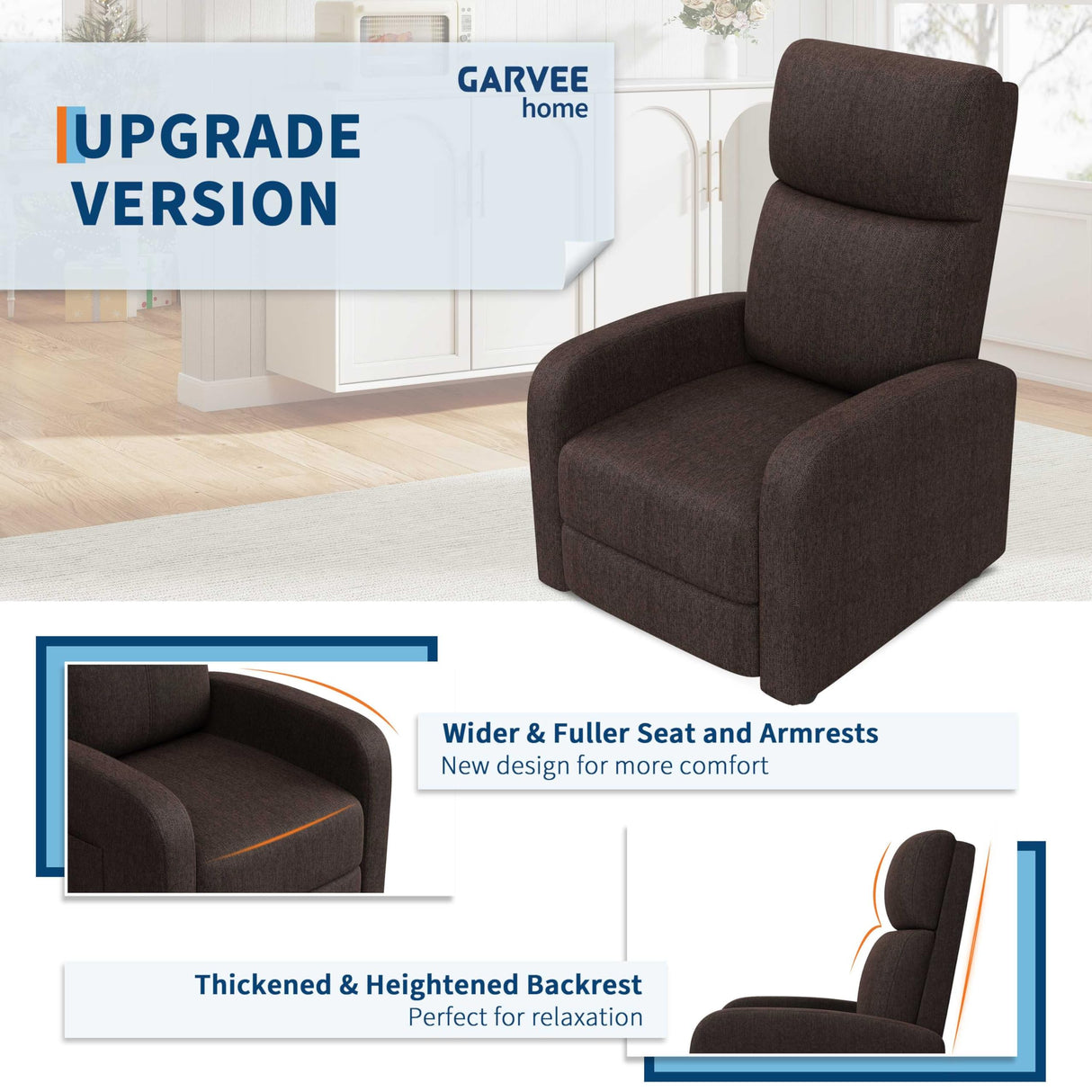 Garvee Recliner Chair for Adults, Lazy Recliner Ergonomic Adjustable Single Sofa Enhanced with Side Pocket, Tall Back, Wide Arms & Padded Seat, Home Theater Seating for Living Room Garvee