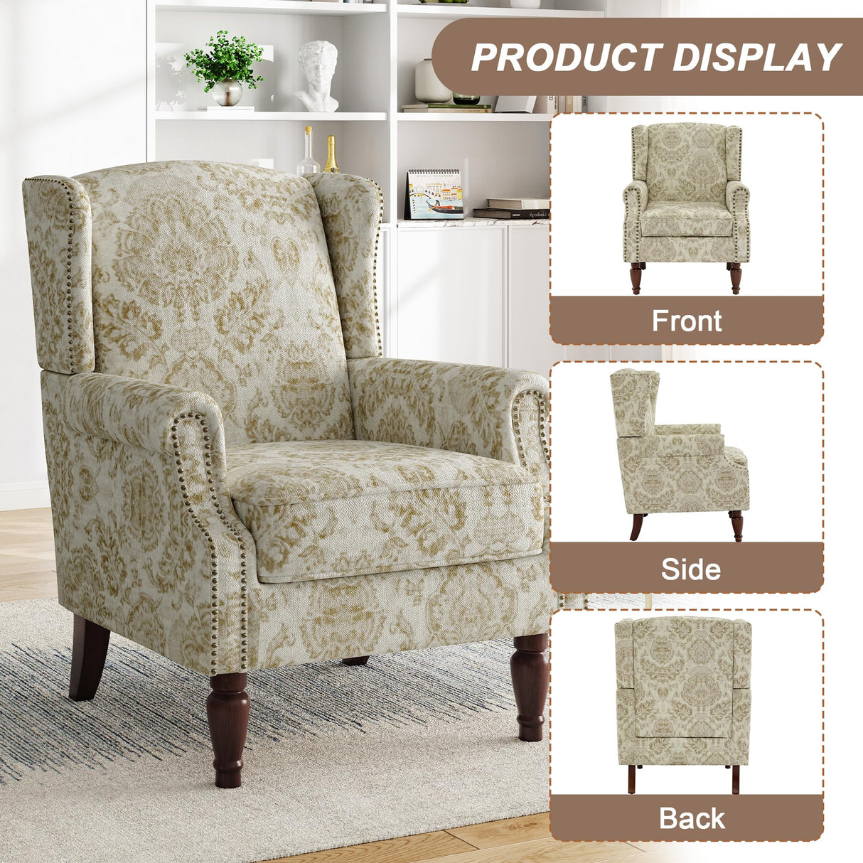 Pia Ricco High Back Floral Accent Chair - Retro Wingback Upholstered Armchair with Nailhead Trim, Solid Wood Legs, Fabric Living Room Bedroom Reading Chair (Flower White) Pia Ricco
