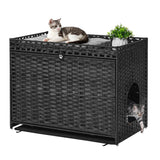 Cat Litter Box Enclosure with Soft Litter Mat; Hidden Cat Washroom Furniture with Door; Handwoven Rattan Cat House with Large Space; Pet Crate for Living Room, Bedroom, Balcony (Black) Honiakaka