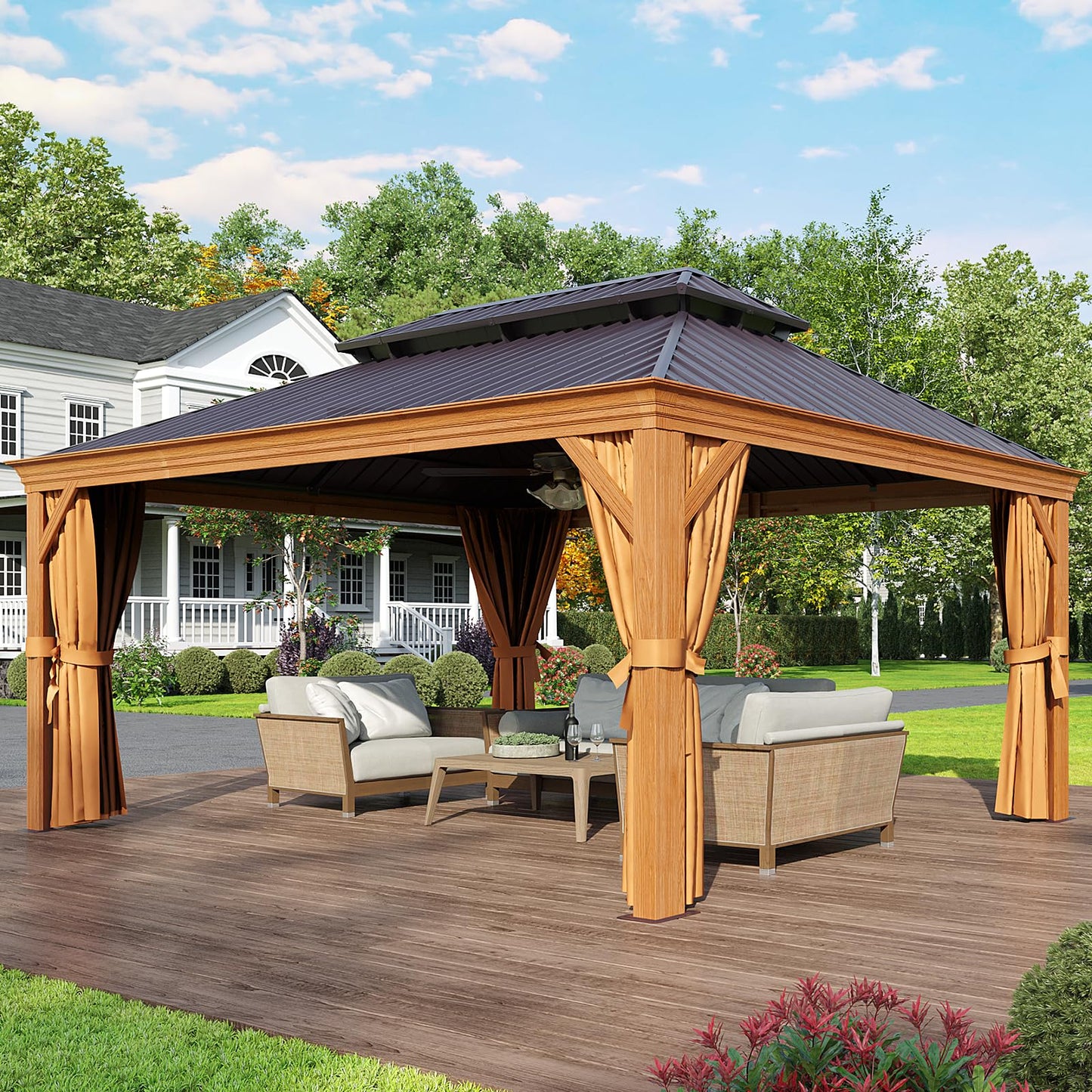 Jolydale 12' x 16' Gazebo, Wooden Finish Coated Aluminum Frame Canopy, Galvanized Steel Double Top, Outdoor Permanent Metal Pavilion with Privacy Curtains and Netting, for Patio, Deck and Bac - WoodArtSupply