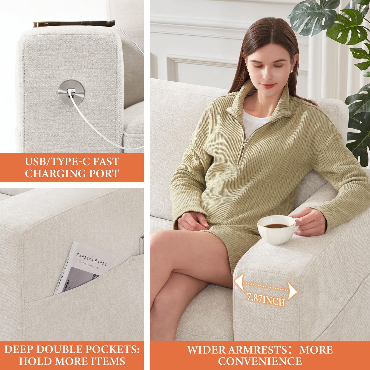 Ihanherry 89" Modern Sofa 3-Seats Couches for Living Room, Chenille Sofas with Extra Large Seat Width & Depth, USB/Type-C Charging Port & Side Pocket, Removable Medium Firm Sofa Cushion(Beige) Ihanherry