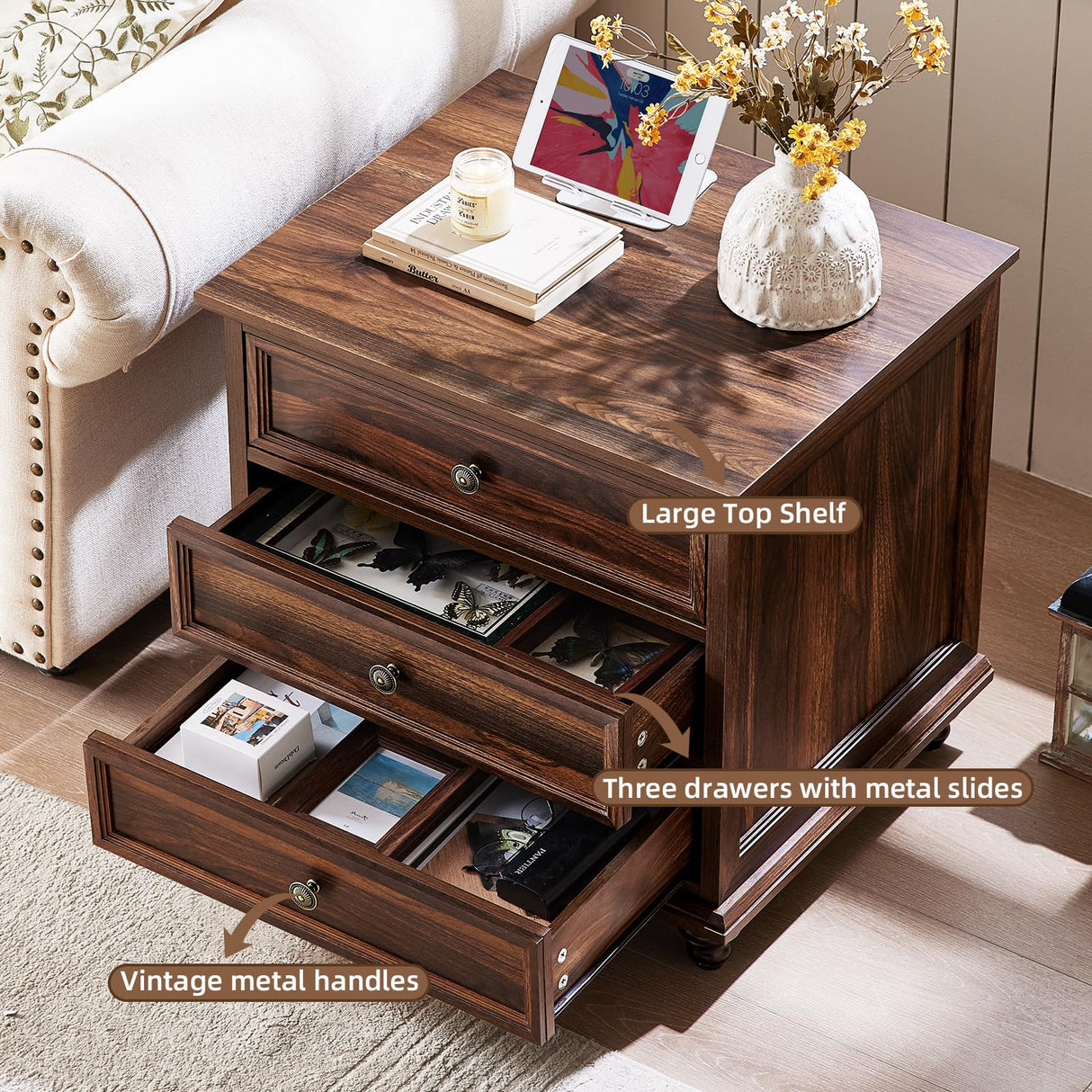 Joaxswe 24" Wide Farmhouse Night Stand Set of 2,Large End Table with 3 Drawers & Metal Handle,Brown Wood Dresser for Bedroom Cabinet, Bed Side Table Chest of Drawers,Nightstand for Living Room,Closet Joaxswe