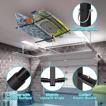 Dabolang Adjustable Ladder Ceiling Rack, Garage Surf Storage, Heavy Duty Overhead Paddleboard Hanger, Kayak Ceiling Mount Rack for Telescopic Ladder/Snowboard/Lumber. Double-sided - WoodArtSupply