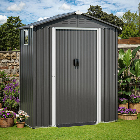 JY QAQA 5x3 FT Metal Outdoor Garden Storage Shed, Waterproof Metal Garden Sheds with Window and Lockable Double Door, Weather Resistant Steel Tool Storage House Shed for Patio, Lawn Gray JY QAQA PET