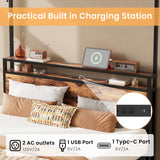 LIKIMIO Canopy Bed Frame Queen with Storage Headboard & Charging Station, Sturdy Metal Platform Bed with 4 Removable Posts, Dual Purpose Bed Frame, No Box Spring Needed, Noise Free LIKIMIO