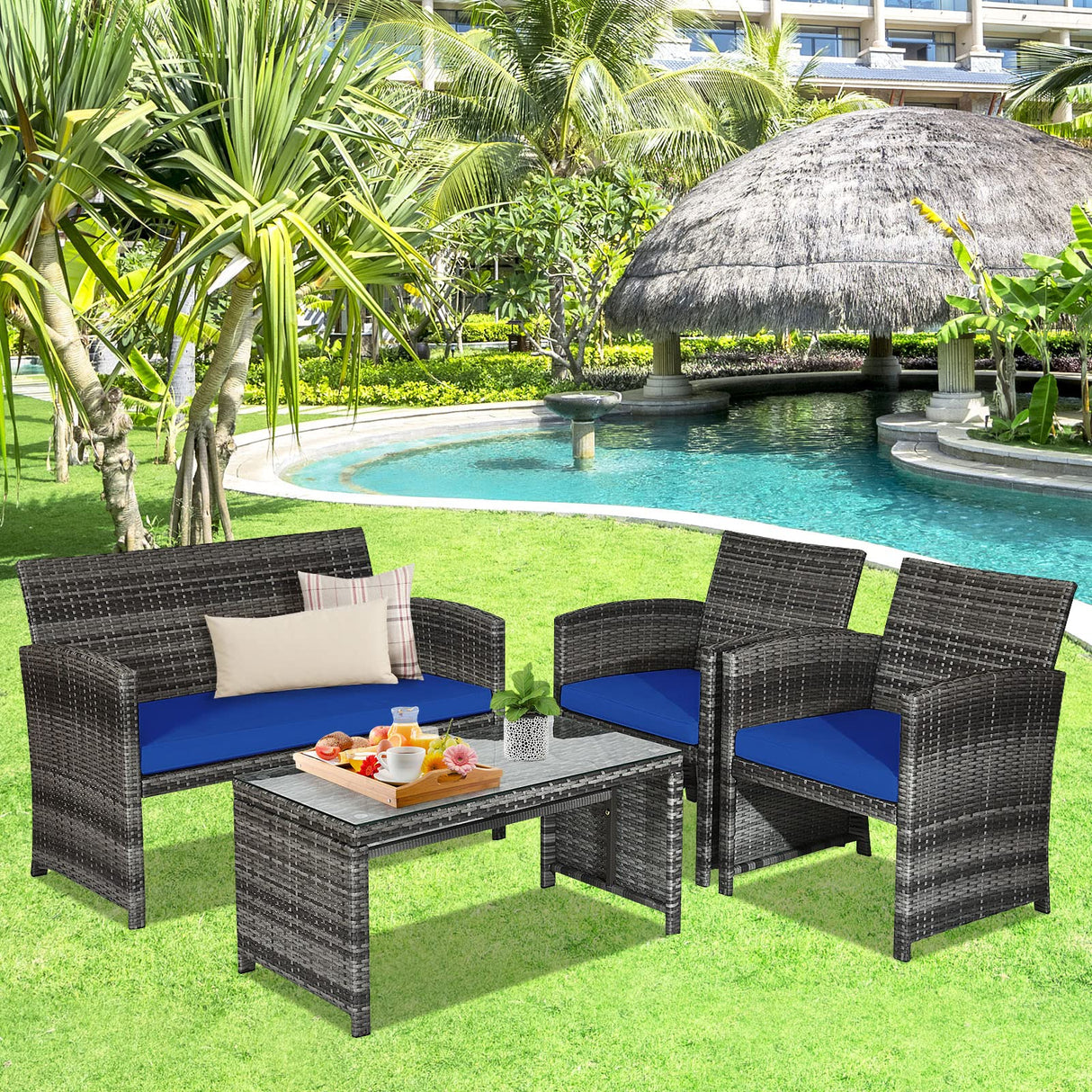 Goplus 4-Piece Rattan Patio Furniture Set, Outdoor Wicker Conversation Sofa with Weather Resistant Cushions and Tempered Glass Tabletop for Lawn Backyard Pool Garden (Blue) Goplus