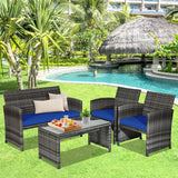 Goplus 4-Piece Rattan Patio Furniture Set, Outdoor Wicker Conversation Sofa with Weather Resistant Cushions and Tempered Glass Tabletop for Lawn Backyard Pool Garden (Blue) Goplus