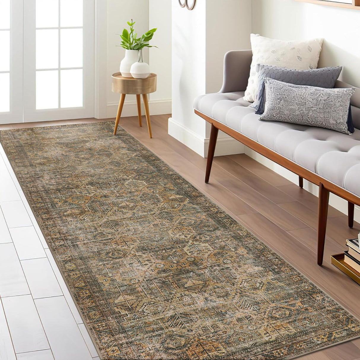 Bavni Runner Rug, Ultra-Thin Foldable Low Pile Rugs for Hallways Kitchen Bedroom, Machine Washable Non Slip Rubber Rugs Backing, Sound Absorbing Decorative Sage Rectangle 2x5 Rug Bavni