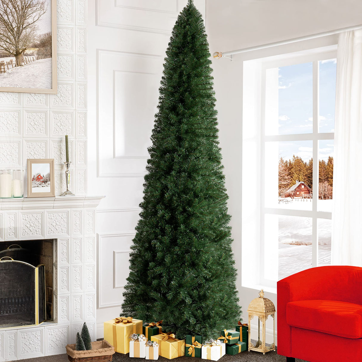 Vienna 9ft Prelit Slim Artificial Christmas Tree with 1455 Branch Tips, 500 Warm Lights and Metal Stand, 37" Wide Realistic Skinny Pencil Christmas Tree with Lights by Naomi Home Naomi Home