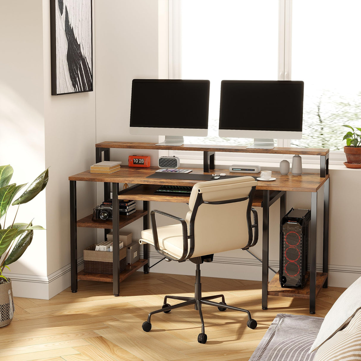 VERMESS 48Inch Computer Desk, Home Office Desks with Keyboard Tray, Gaming Desk with CPU Stand Shelf,Industrial Study Table Wide Writing Desk with Storage Shelves for 2 Monitors, Rustic Brown VERMESS