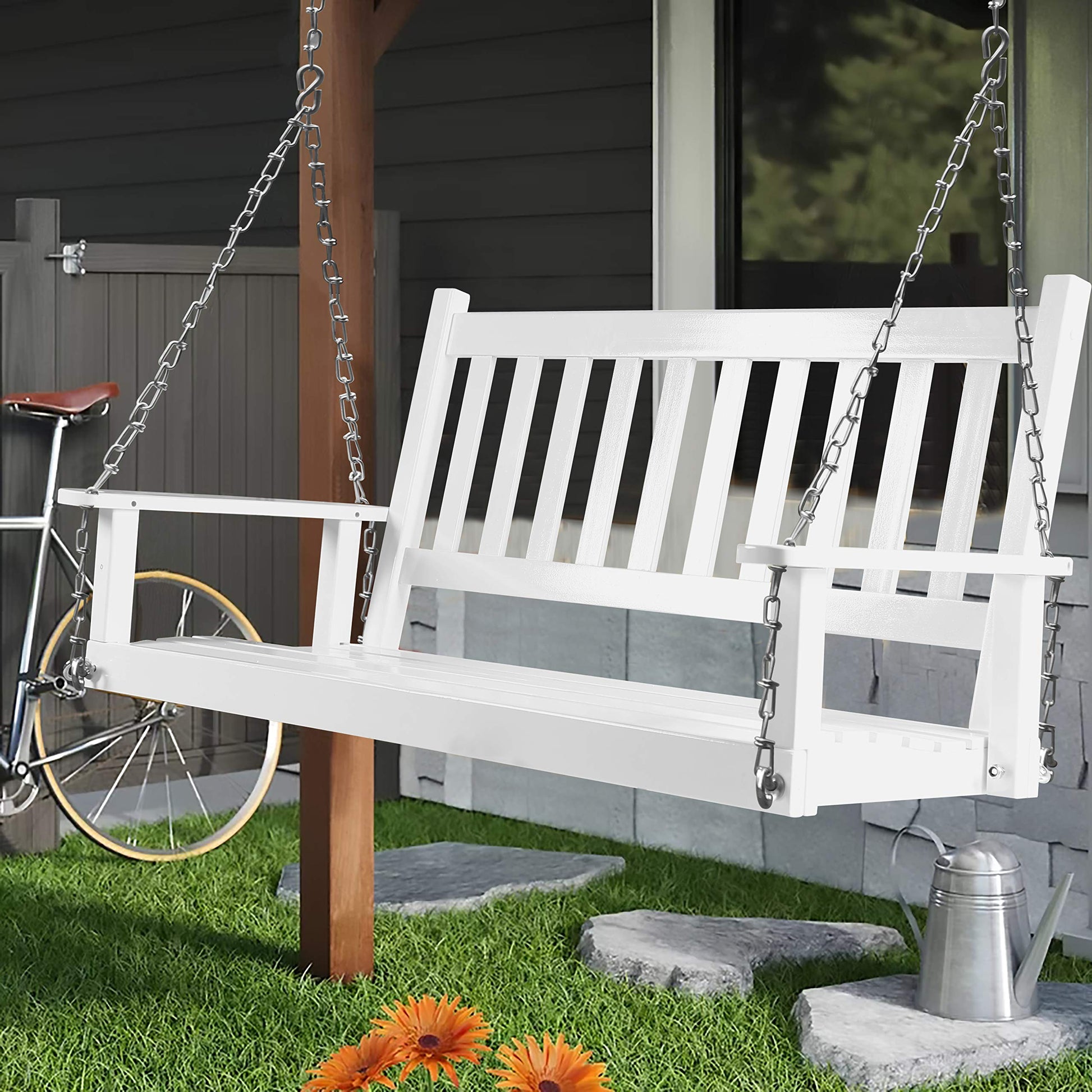 MUPATER Outdoor Patio Hanging Wooden Porch Swing 4FT with Chains, 2-Person Heavy Duty Swing Bench for Garden and Backyard, White - WoodArtSupply