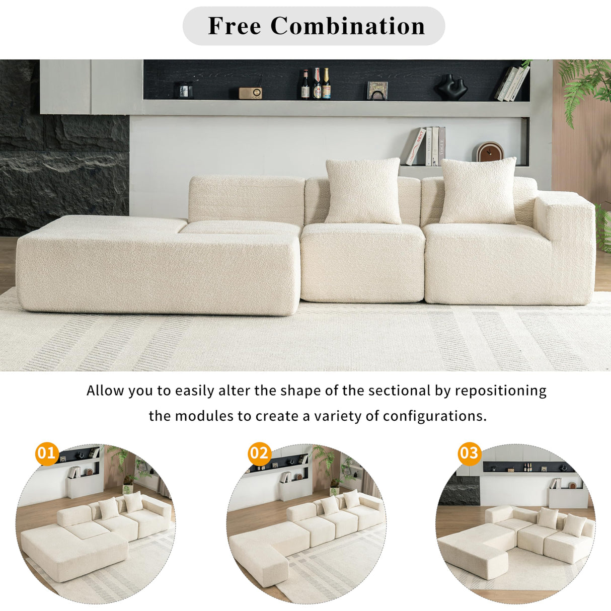 Merax 116.5" Minimalist Cloud Sectional Couch with L-Shape Chaise, Cream Modern Modular Sofa with Deep Seat, White Convertible 4 Seat Sleeper Couches Set for Living Room, No Assembly Required, Beige Merax