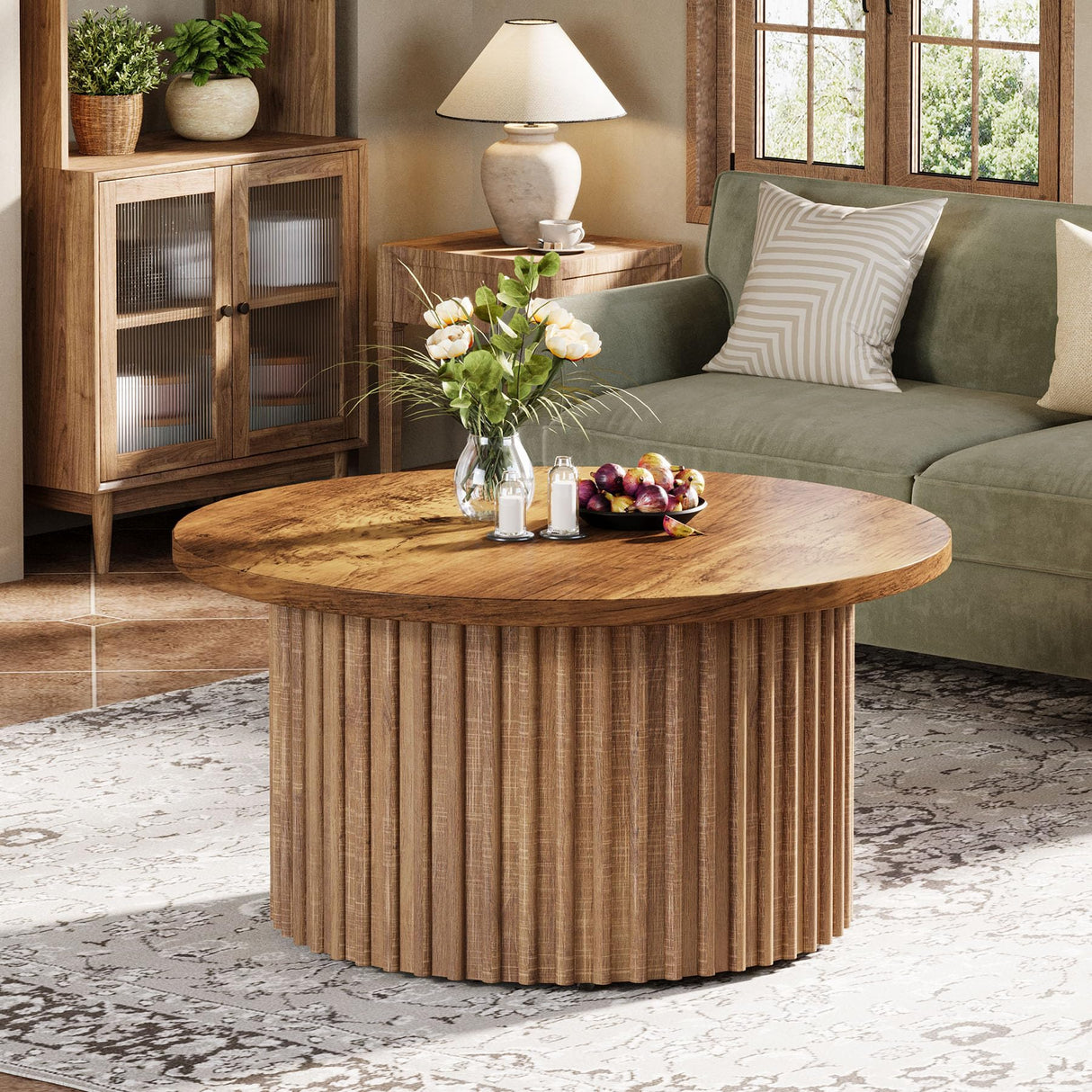 Tribesigns 31.5" Round Coffee Table, Farmhouse Circle Coffee Table with Metal Base, Modern Wood Accent Center Table Sofa Side Table for Living Room, Home Office, Wood Grain Veneer Top Tribesigns