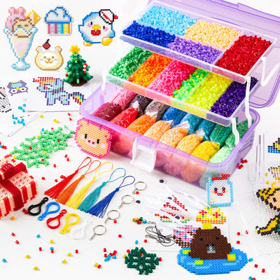 Inscraft 25000 Fuse Beads Kit with 3 Layers Portable Storage Box, 26 Color 5MM Iron Beads Set with 127 Patterns, 6 Pegboards, 10 Ironing Paper, 5 Tweezers, 66 accessories, Gifts for Birthday Christmas